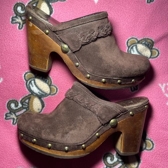 UGG Shoes - UGG Chocolate Suede Mules with Wooden Heel